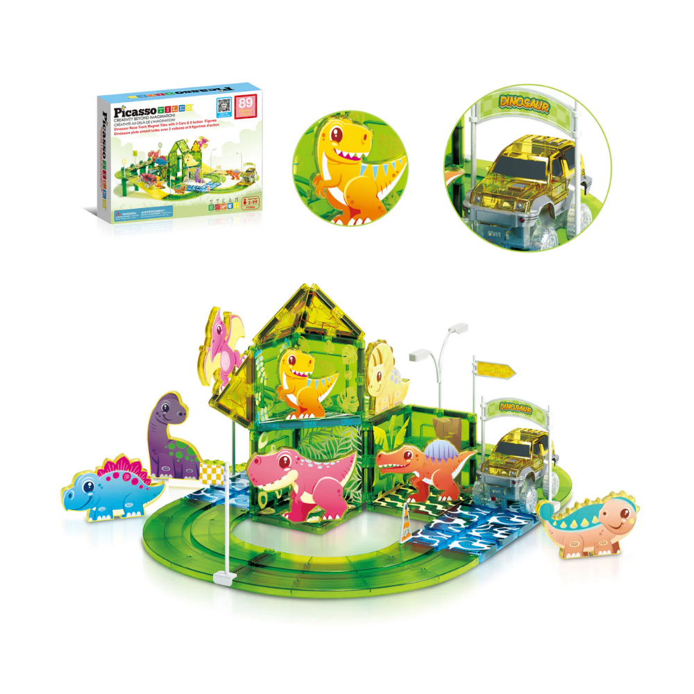 Picasso Tiles | Circuito Magnético de Carreras de Dinosaurios