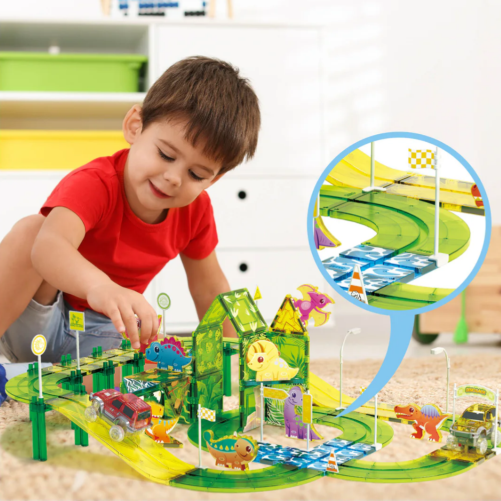 Picasso Tiles | Circuito Magnético de Carreras de Dinosaurios