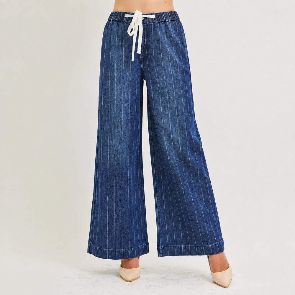 Jean Ancho de Rayas con Cintura Ajustable para Dama