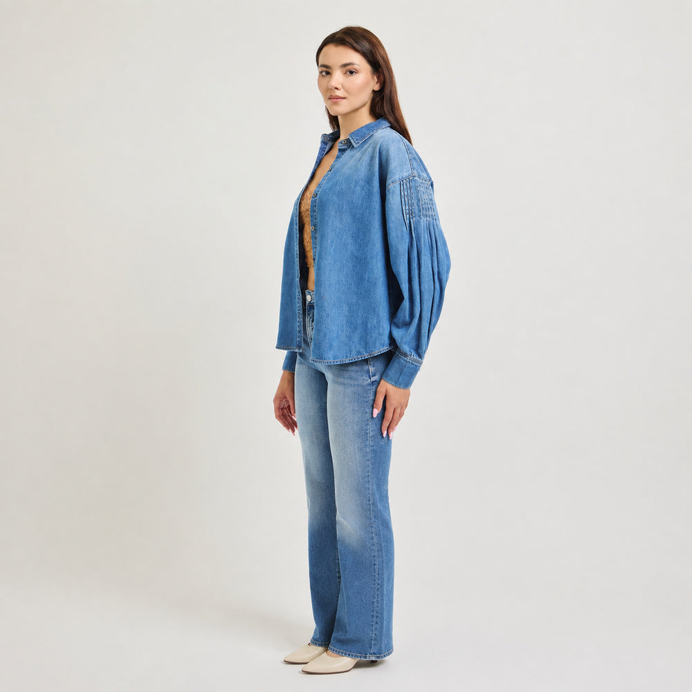 Camisa Oversized con Mangas Globo y Pinzas para Dama