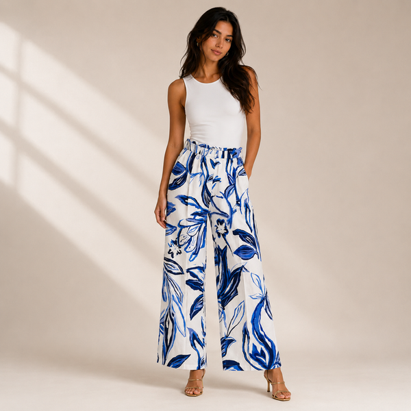 Olea | Pantalón Estampado de Pierna Amplia con Cintura Elástica para Dama