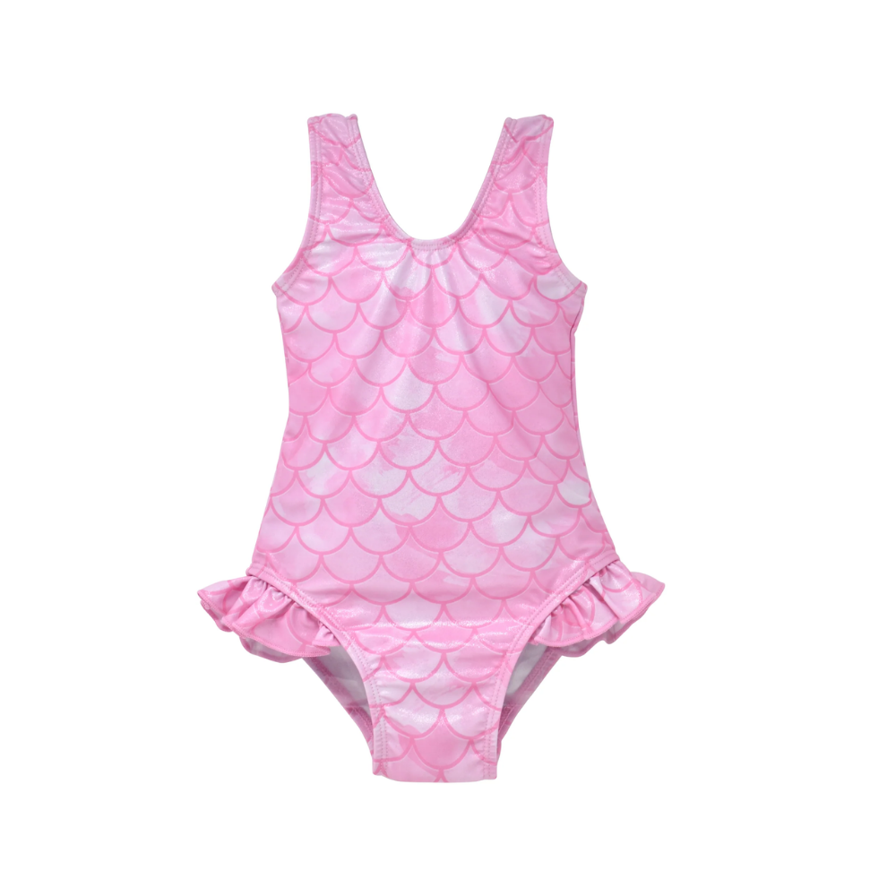 Flap Happy | Traje de baño Delaney con volantes en la cadera UPF 50 en escamas Pixi rosa