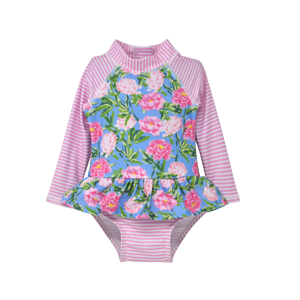 Flap Happy | Traje de baño con volantes para bebé Alissa con protector solar UPF 50 y parche Peony