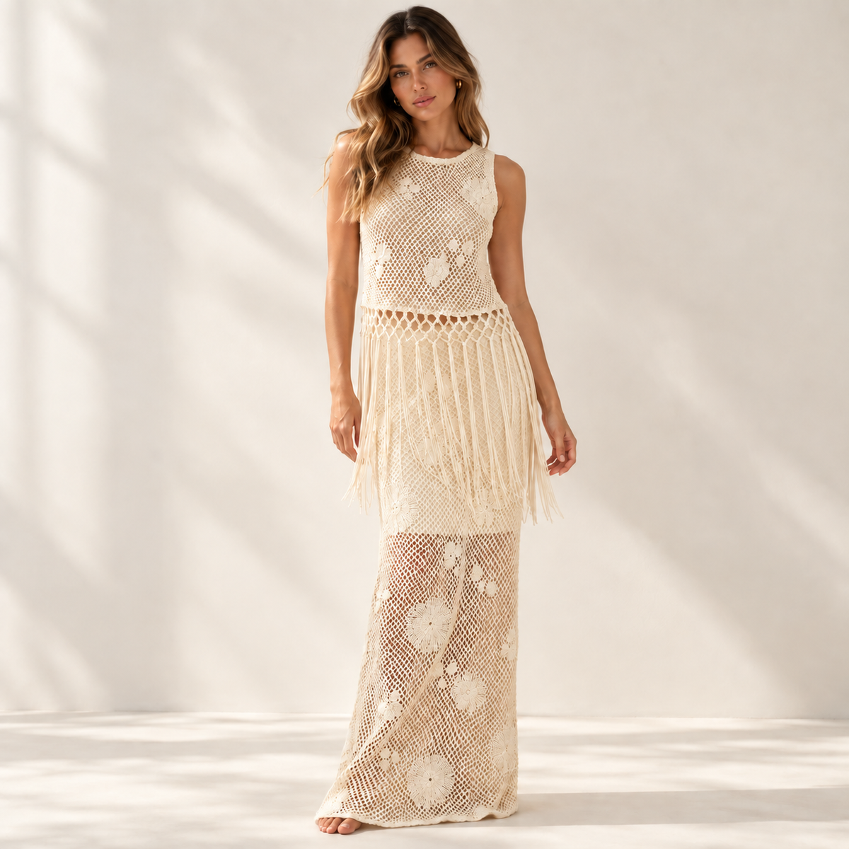 Olea Top de crochet con flecos verde salvia