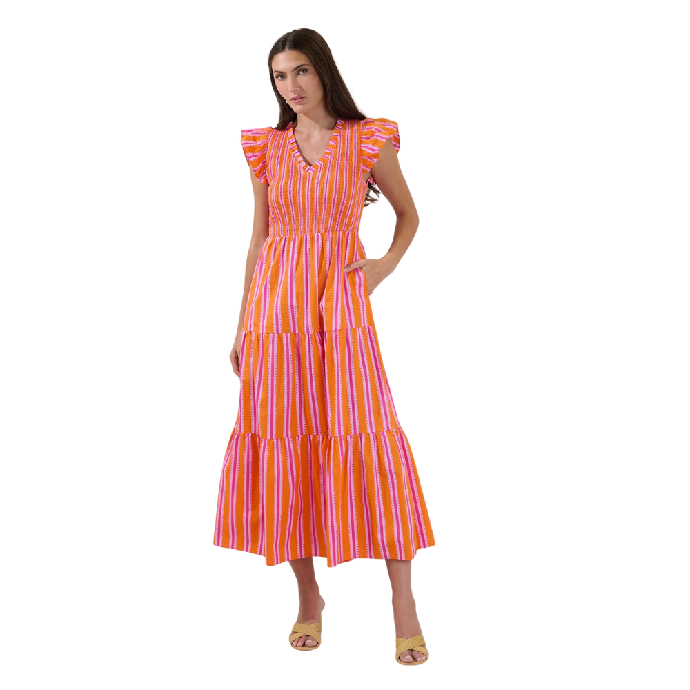 Vestido Midi Escalonado de Rayas para Dama