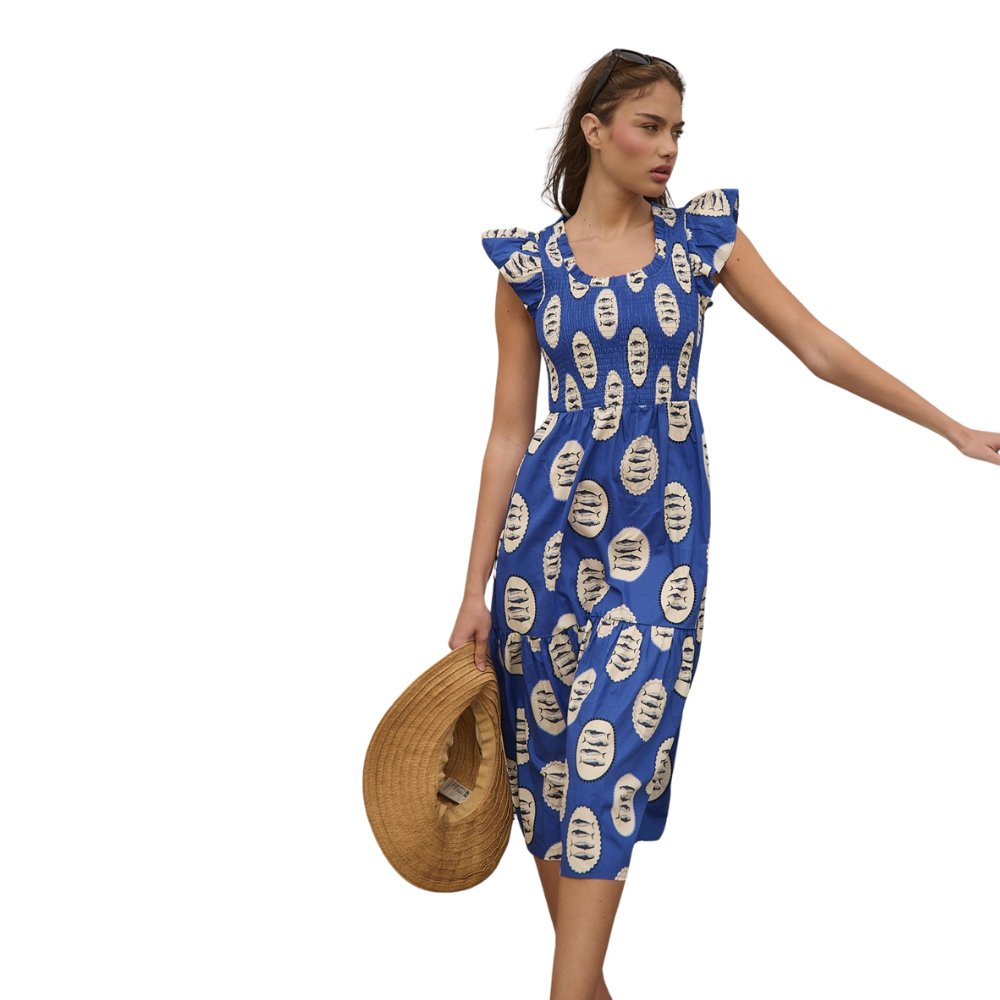 Vestido Midi Fruncido con Estampado de Sardinas para Dama