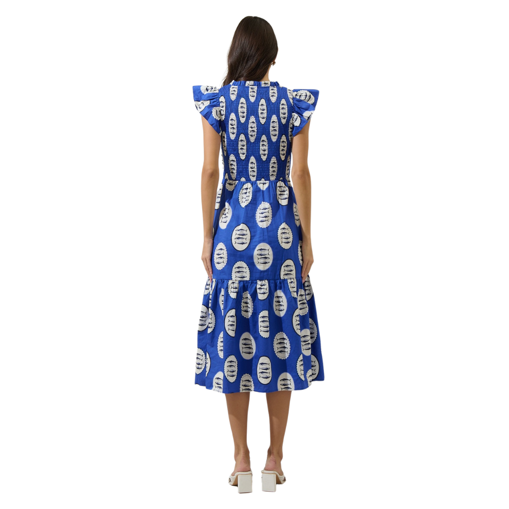 Vestido Midi Fruncido con Estampado de Sardinas para Dama