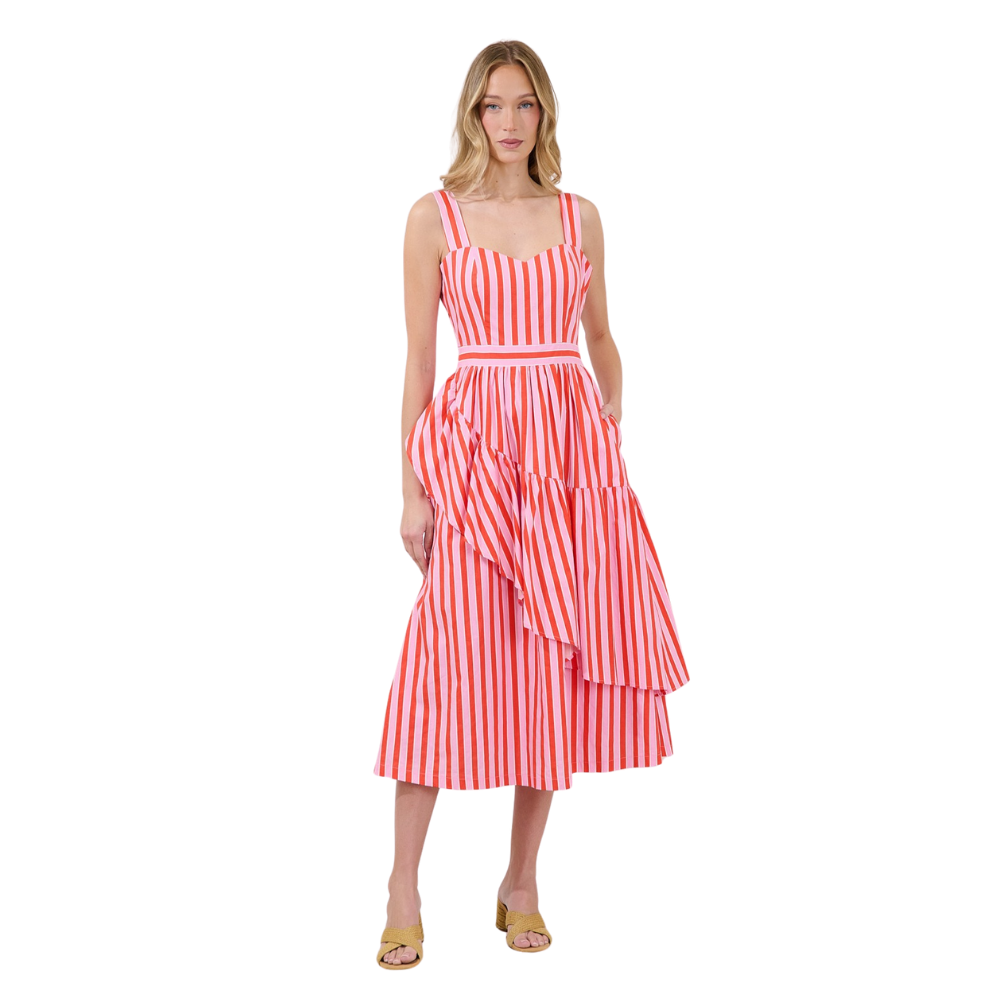 Vestido Midi a Rayas con Volantes para Dama