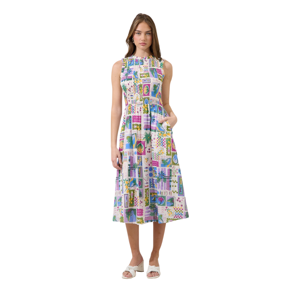 Vestido Midi Fruncido sin Mangas para Dama