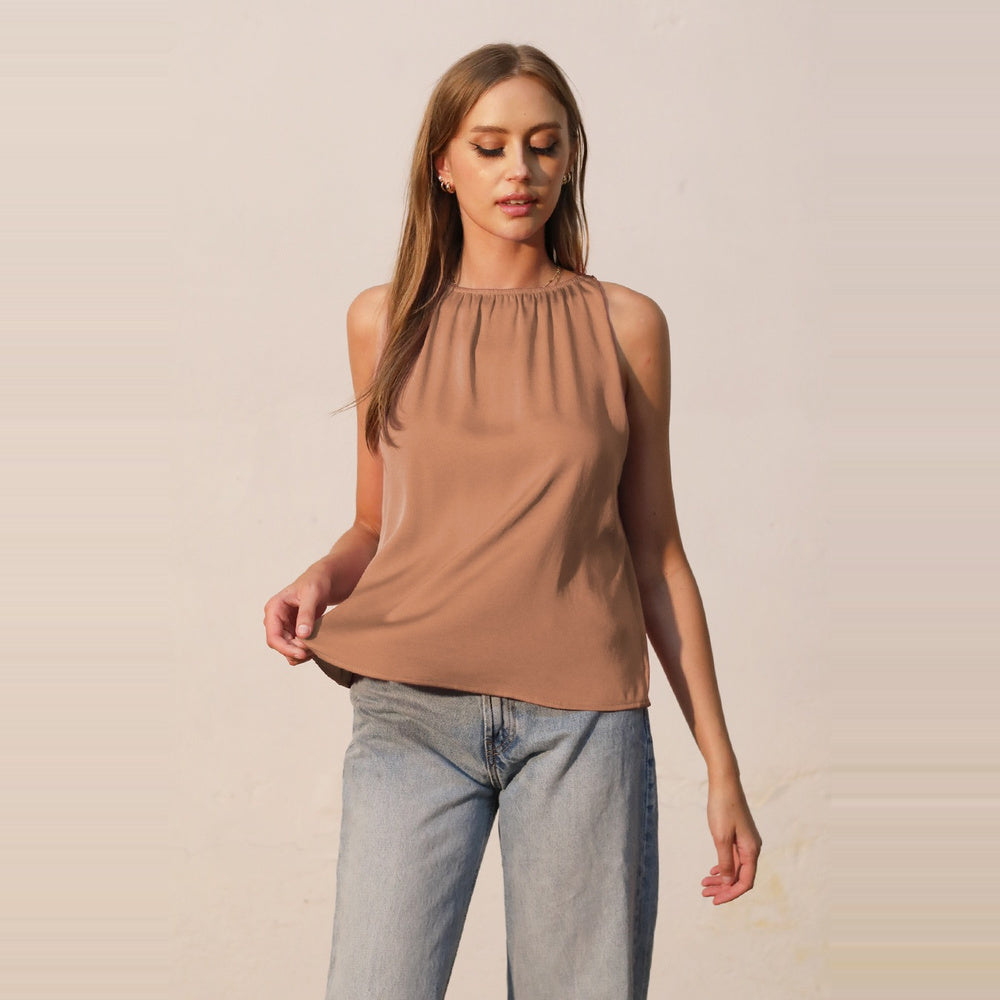 Top sin Mangas Satinado de Cuello Alto para Dama