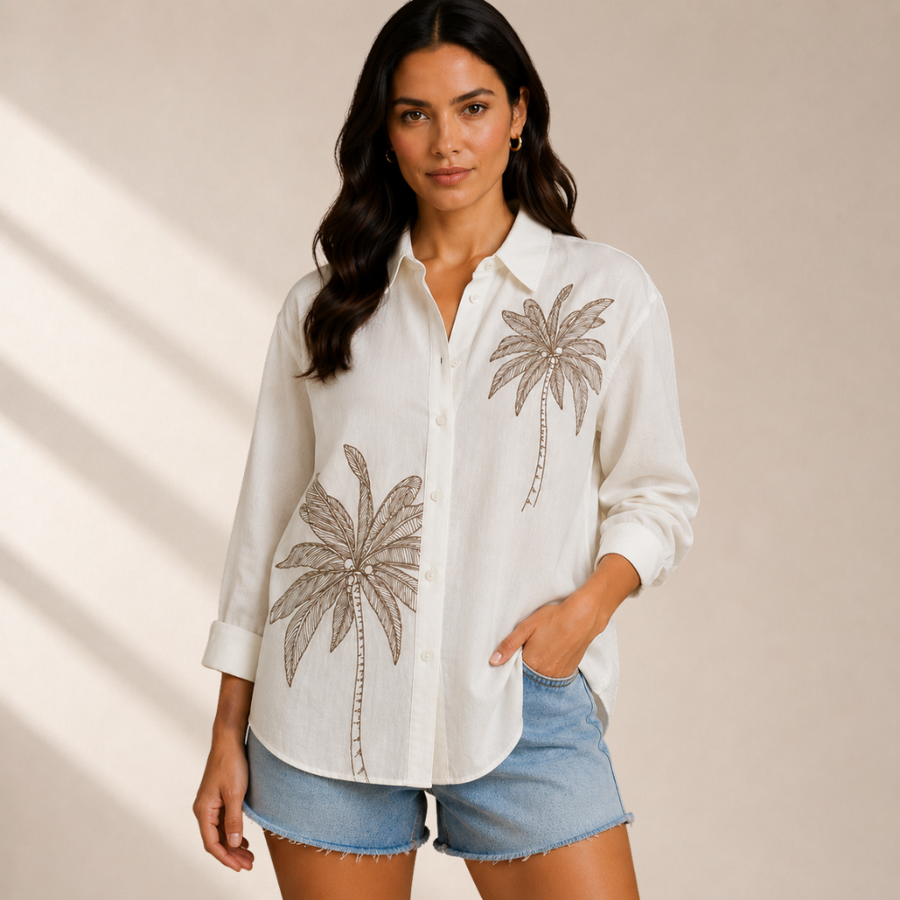 Olea | Blusa de Lino Rústico con Bordado Lineal para Dama
