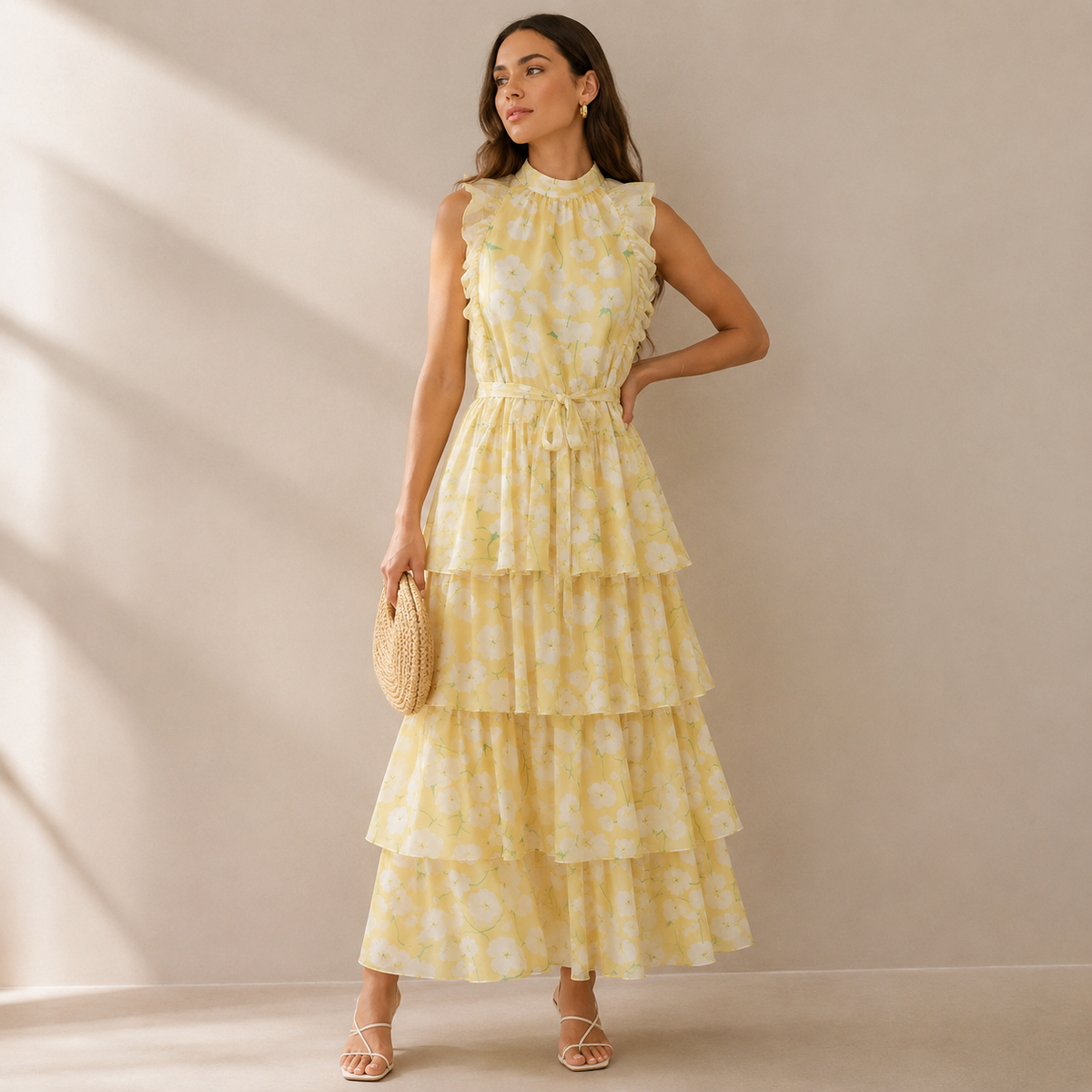 Olea | Vestido Largo con Cuello Halter y Volantes en Capas para Dama