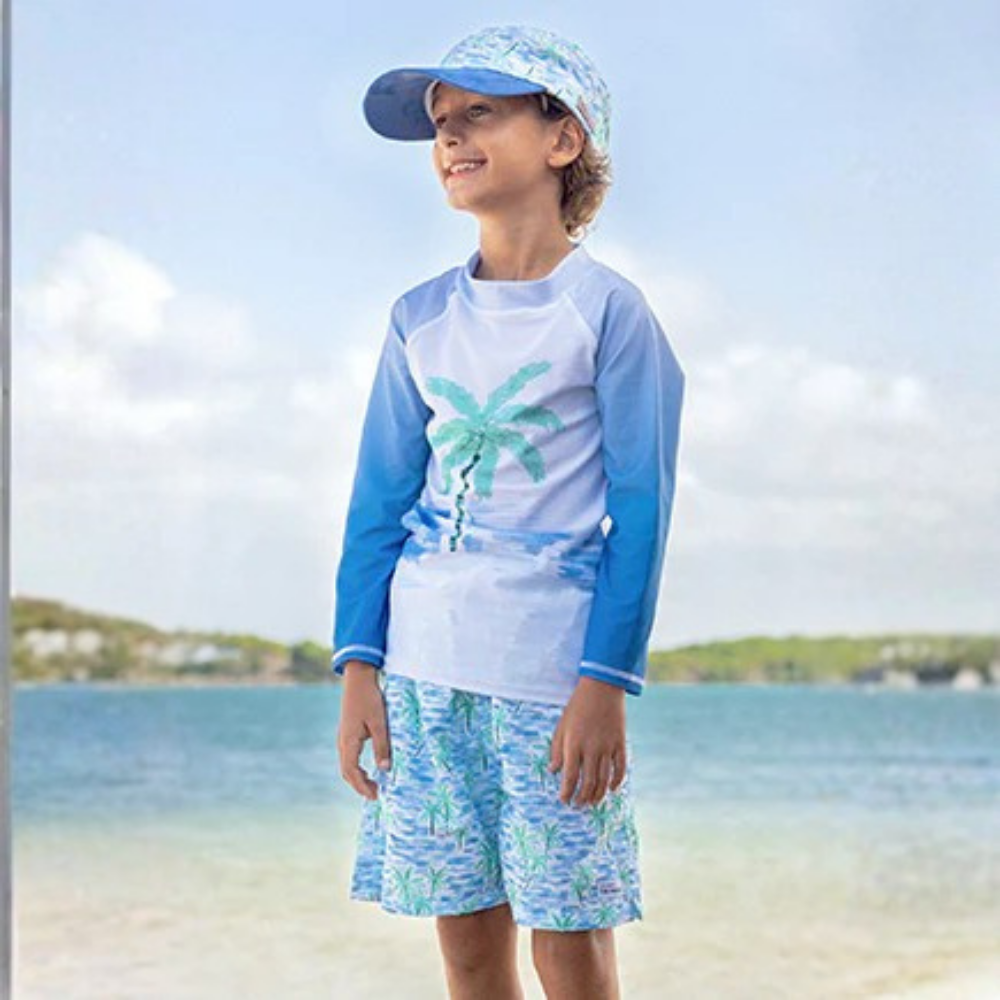 Flap Happy | Bañador Wesley con forro de malla y protección solar UPF 50 Palms Pintadas Azul