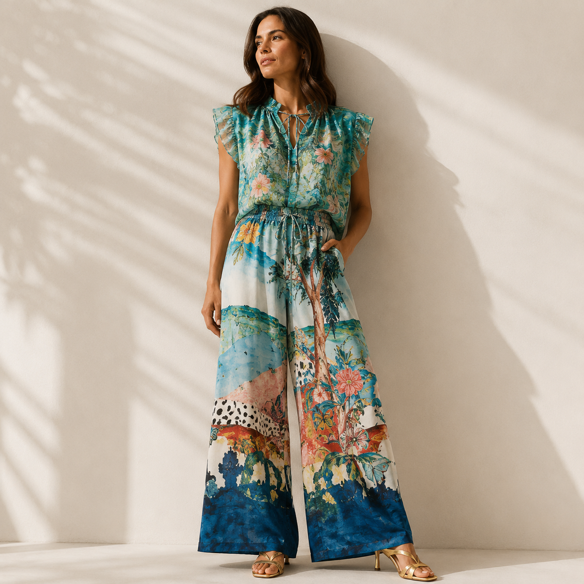 Olea | Pantalón Palazzo Satinado con Estampado Tropical para Dama